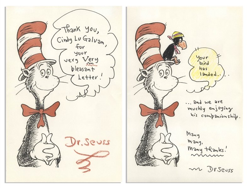 Pair of Dr. Seuss Autograph Letters Signed on ''Cat in the Hat'' Stationery -- Including One Where Dr. Seuss Draws a Crow, Sitting on the Cat's Hat